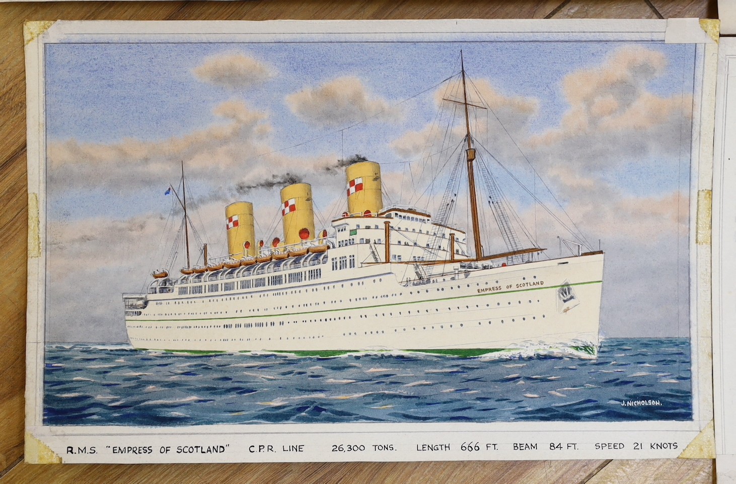 John Nicholson (1920-2003), four watercolours, Ocean liners, signed and titled, overall 21 x 31cm, unframed